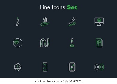 Set line Puzzle pieces toy, Air hockey table, Domino, Game dice, Mahjong, Chess, Board game and Billiard pool snooker ball icon. Vector