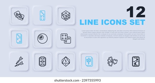 Set line Puzzle pieces toy, Air hockey table, Billiard pool snooker ball, Mahjong, Domino, Table football,  and Game dice icon. Vector