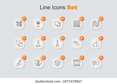 Set line Puzzle pieces toy, Backgammon board, Game dice, Dart arrow, Chip for game, Checker chips and Chess icon. Vector