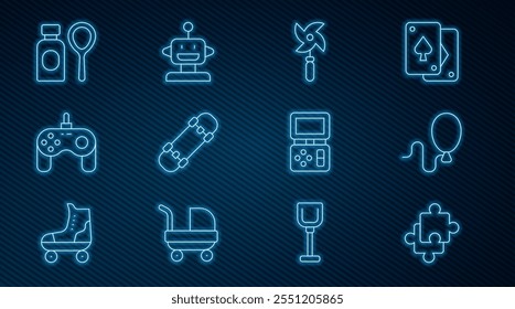 Set line Puzzle pieces toy, Balloons, Pinwheel, Skateboard, Gamepad, Soap bubbles bottle, Tetris electronic game and Robot icon. Vector