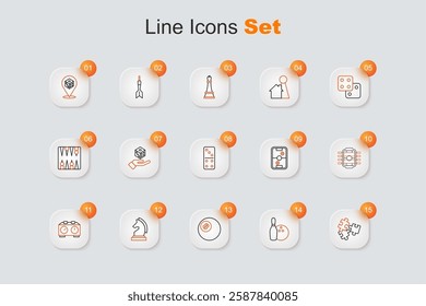 Set line Puzzle pieces toy, Bowling pin and ball, Billiard pool snooker, Chess, Time chess clock, Table football, Air hockey table and Domino icon. Vector