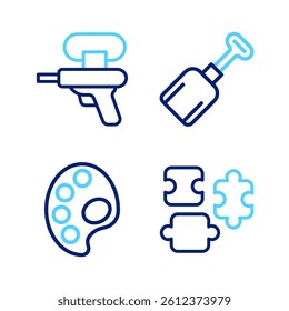 Set line Puzzle pieces toy, Palette, Shovel and Water gun icon. Vector