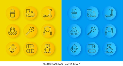 Set line Puzzle pieces toy, Fidget spinner, Magic wand, Teddy bear plush, Jump rope, Sand bucket, Roller scooter and Toy train icon. Vector