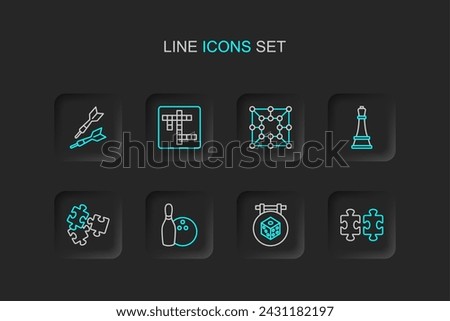 Set line Puzzle pieces toy, Game dice, Bowling pin and ball, Chess, Board game, Crossword and Dart arrow icon. Vector