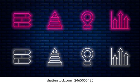 Set line Pyramid chart infographics, Location, Pie and . Glowing neon icon on brick wall. Vector