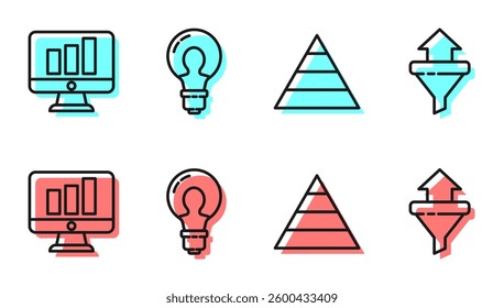 Set line Pyramid chart infographics, Monitor with graph chart, Light bulb with concept of idea and Sales funnel with arrows icon. Vector