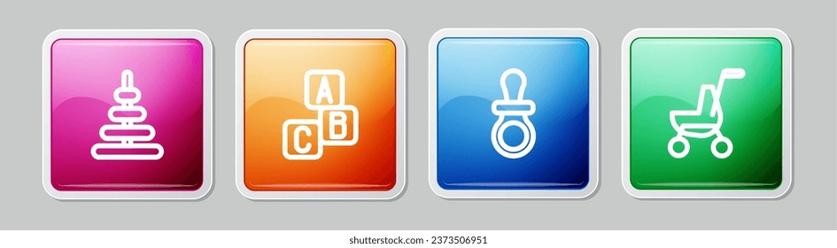 Fijar la línea de juguete de la Pirámide, bloques ABC, un pacificador de Baby dummy y un coche de cochecito. Botón cuadrado colorido. Vector