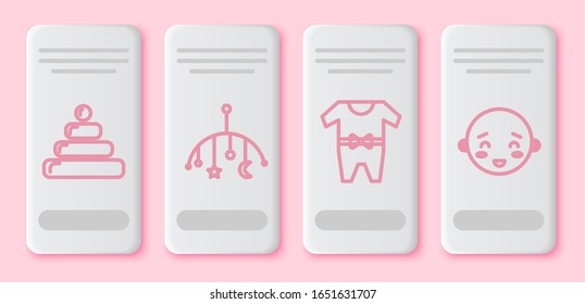 Set line Pyramid toy, Baby crib hanging toys, Baby clothes and Happy little boy head. White rectangle button. Vector