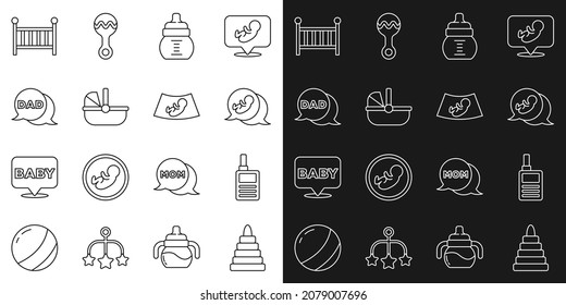 Set Line Pyramid Toy, Baby Monitor Walkie Talkie, Bottle, Stroller, Speech Bubble Dad, Crib Cradle And Ultrasound Of Baby Icon. Vector