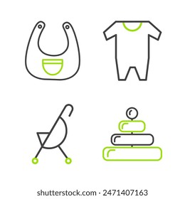 Set line Pyramid toy, Baby stroller, clothes and bib icon. Vector