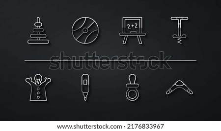 Set line Pyramid toy, Toy puppet doll on hand, Pogo stick jumping, Baby dummy pacifier, Marker pen, Basketball ball, Boomerang and Chalkboard icon. Vector