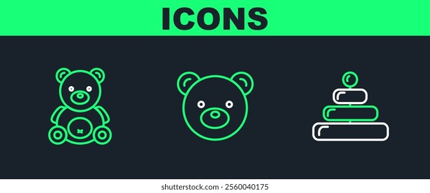 Set line Pyramid toy, Teddy bear plush and  icon. Vector