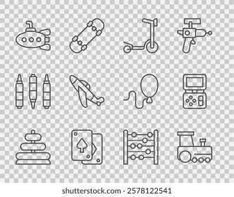 Set line Pyramid toy, Toy train, Roller scooter, Playing cards, Submarine, plane, Abacus and Tetris electronic game icon. Vector