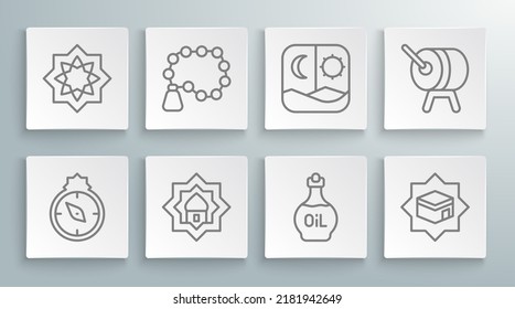 Set line Qibla, Rosary beads religion, Muslim Mosque, Essential oil bottle, Kaaba mosque, Ramadan fasting, drum and Octagonal star icon. Vector