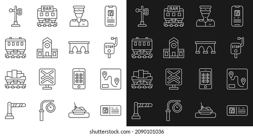 Set Line QR Code Ticket Train, Route Location, Emergency Brake, Train Conductor, Railway Station, Passenger Cars, Traffic Light And Bridge For Icon. Vector