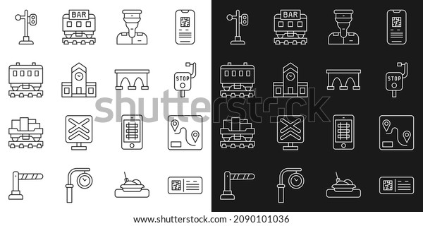 Set line QR code ticket train,\
Route location, Emergency brake, Train conductor, Railway station,\
Passenger cars, traffic light and Bridge for icon.\
Vector