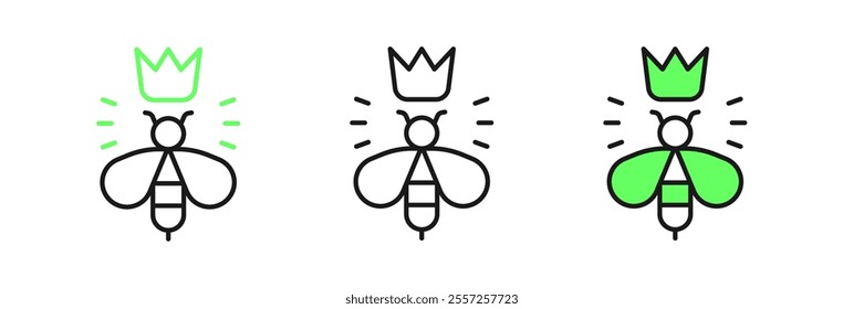 Set line Queen bee icon isolated on white background. Sweet natural food. Honeybee or apis with wings symbol. Flying insect.  Vector