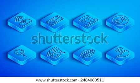 Set line Queen Elizabeth, Pound sterling money, Stonehenge, Fish and chips, London sign, British breakfast, Four leaf clover and Smoking pipe icon. Vector