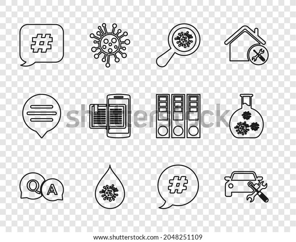 Set line\
Question and Answer, Car service, Microorganisms under magnifier,\
Dirty water drop, Hashtag speech bubble, Smartphone book,  and Test\
tube with virus icon.\
Vector
