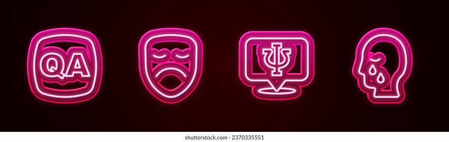 Set line Question and Answer, Drama theatrical mask, Psychology, Psi and Man graves funeral sorrow. Glowing neon icon. Vector