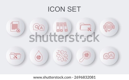 Set line Question and Answer, Folder service, Office folders, Microorganisms under magnifier, File document, Dirty water drop and Wrench gear icon. Vector