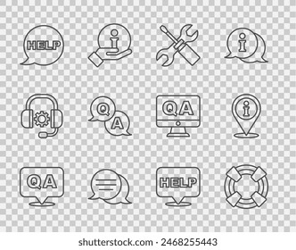 Establece la línea de pregunta y respuesta, Lifebuoy, destornillador llave inglesa spanner, charla de la burbuja del habla, con el texto Ayuda, y el icono de la información de la Locación. Vector