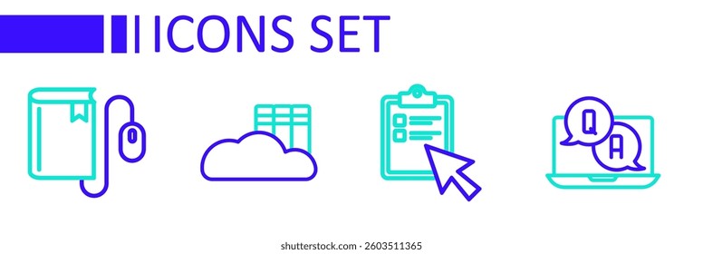 Set line Question and Answer, Online quiz, test, survey, Cloud or online library and Electronic book with mouse icon. Vector