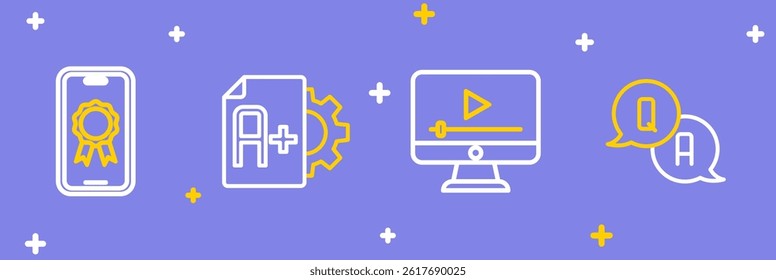 Set line Question and Answer, Online play video, Exam sheet with plus grade and education diploma icon. Vector