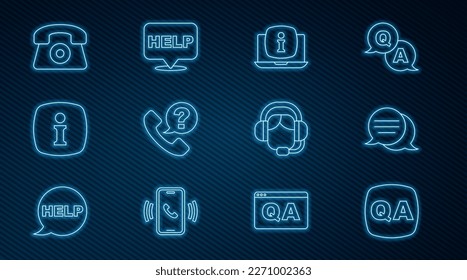 Set line Question and Answer, Speech bubble chat, Laptop with information, Telephone 24 hours support, Information, Woman headset and text Help icon. Vector