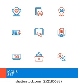 Set line Question and Answer, Student working at laptop, Graduation cap, Online quiz, test, survey, book, education and Audio icon. Vector