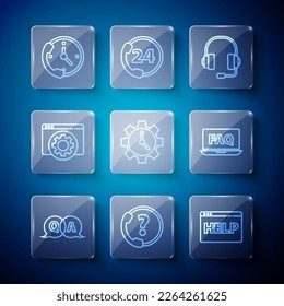 Set line Question and Answer, Telephone 24 hours support, Browser help, Headphones, Time Management, setting,  and Laptop FAQ icon. Vector