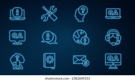 Set line Question and Answer, Woman with headset, Head question mark, Information, Laptop information,  and Screwdriver wrench spanner icon. Vector