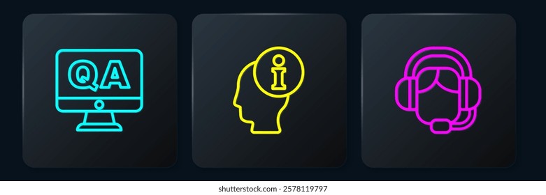 Set line Question and Answer, Woman with headset and Information. Black square button. Vector