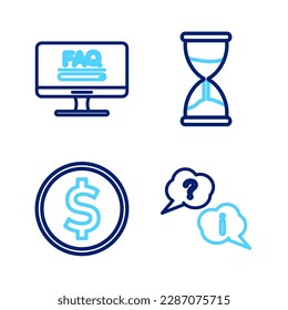 Set line Question and Exclamation, Coin money with dollar, Hourglass and Monitor FAQ information icon. Vector