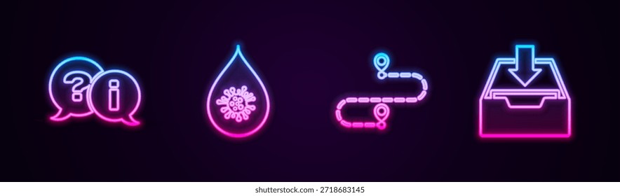 Establecer pregunta y exclamación de línea, gota de agua sucia, ubicación de ruta y bandeja de entrada de Descarga. Icono de neón brillante. Vector
