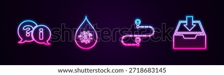 Set line Question and Exclamation, Dirty water drop, Route location and Download inbox. Glowing neon icon. Vector
