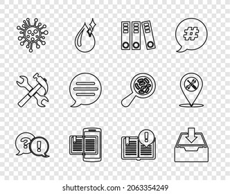Set line Question and Exclamation, Download inbox, Office folders, Smartphone book, Bacteria, Speech bubble chat, Interesting facts and Location service icon. Vector