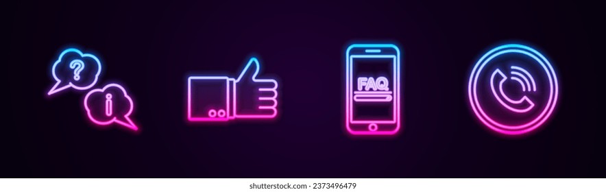 Establece la pregunta y la exclamación de la línea, el pulgar de la mano, el móvil con información de preguntas frecuentes y llamadas telefónicas. Icono de neón brillante. Vector