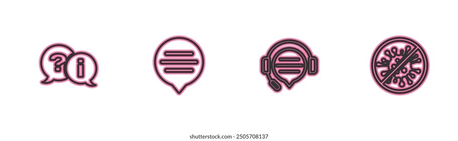 Set line Question and Exclamation, Headphones with speech bubble chat, Speech and Stop virus, bacteria icon. Vector