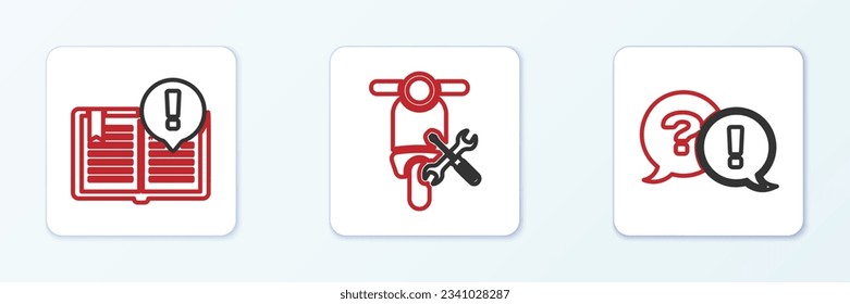 Set line Question and Exclamation, Interesting facts and Scooter service icon. Vector
