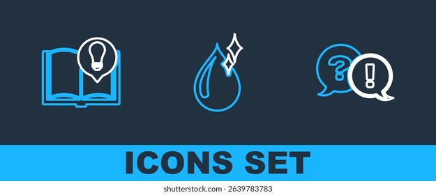 Set line Question and Exclamation, Interesting facts and Clean water drop icon. Vector