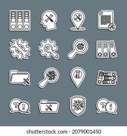 Set line Question and Exclamation, Office folders, Location service, Wrench gear,  and Microorganisms under magnifier icon. Vector