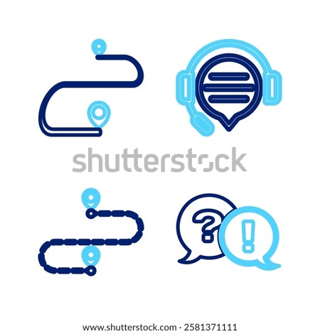 Set line Question and Exclamation, Route location, Headphones with speech bubble chat and  icon. Vector