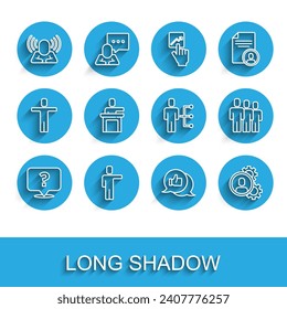 Set line Question mark, Head hunting, Hand like, Speaker, Users group and of man business suit icon. Vector
