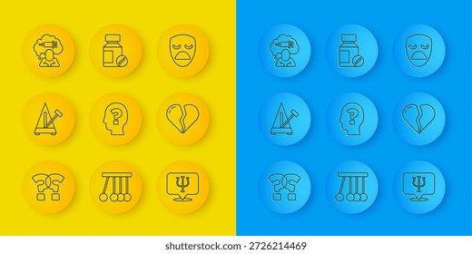 Set line Question mark, Metronome with pendulum, Head question, Psychology, Psi, Broken heart or divorce, Addiction to the drug, Drama theatrical mask and Sedative pills icon. Vector