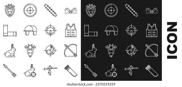 Fijar la línea Quiver con flechas, Bow y en cueva, Caza de chaqueta, cartuchos de cinturón de cartucho, sombrero de cazador, cartuchos, antorchas de la cabeza de ciervo sobre el escudo e icono de la cruz de oso. Vector