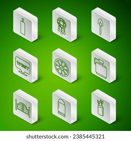Set line Quiver with arrows, Bullet, Dynamite bomb, Old wooden wheel, Pointer to wild west, Dream catcher feathers, Saloon door and Canteen water bottle icon. Vector