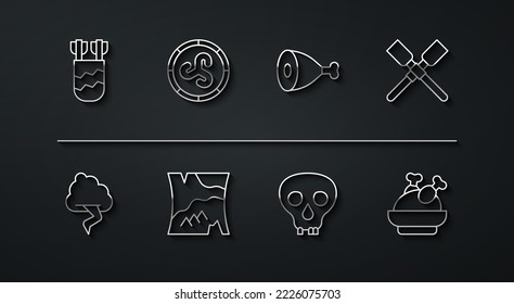 Set line Quiver with arrows, Cloud and lightning, Oars or paddles boat, Skull, Folded map, Shield viking, Roasted turkey chicken and Chicken leg icon. Vector