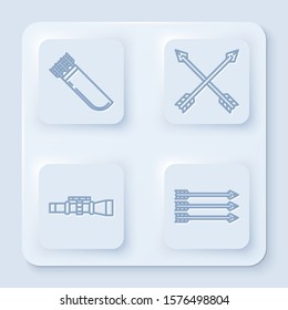 Set line Quiver with arrows, Crossed arrows, Sniper optical sight and Hipster arrows. White square button. Vector