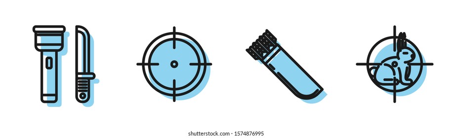 Set line Quiver with arrows, Flashlight and knife, Target sport for shooting competition and Hunt on rabbit with crosshairs icon. Vector